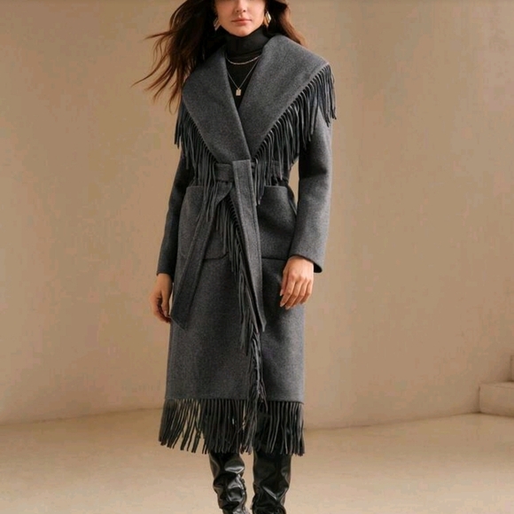 Women's Winter Fringed Decorated Oversized Lapel Melton Jacket, New Year Outfit - Picture 7 of 14